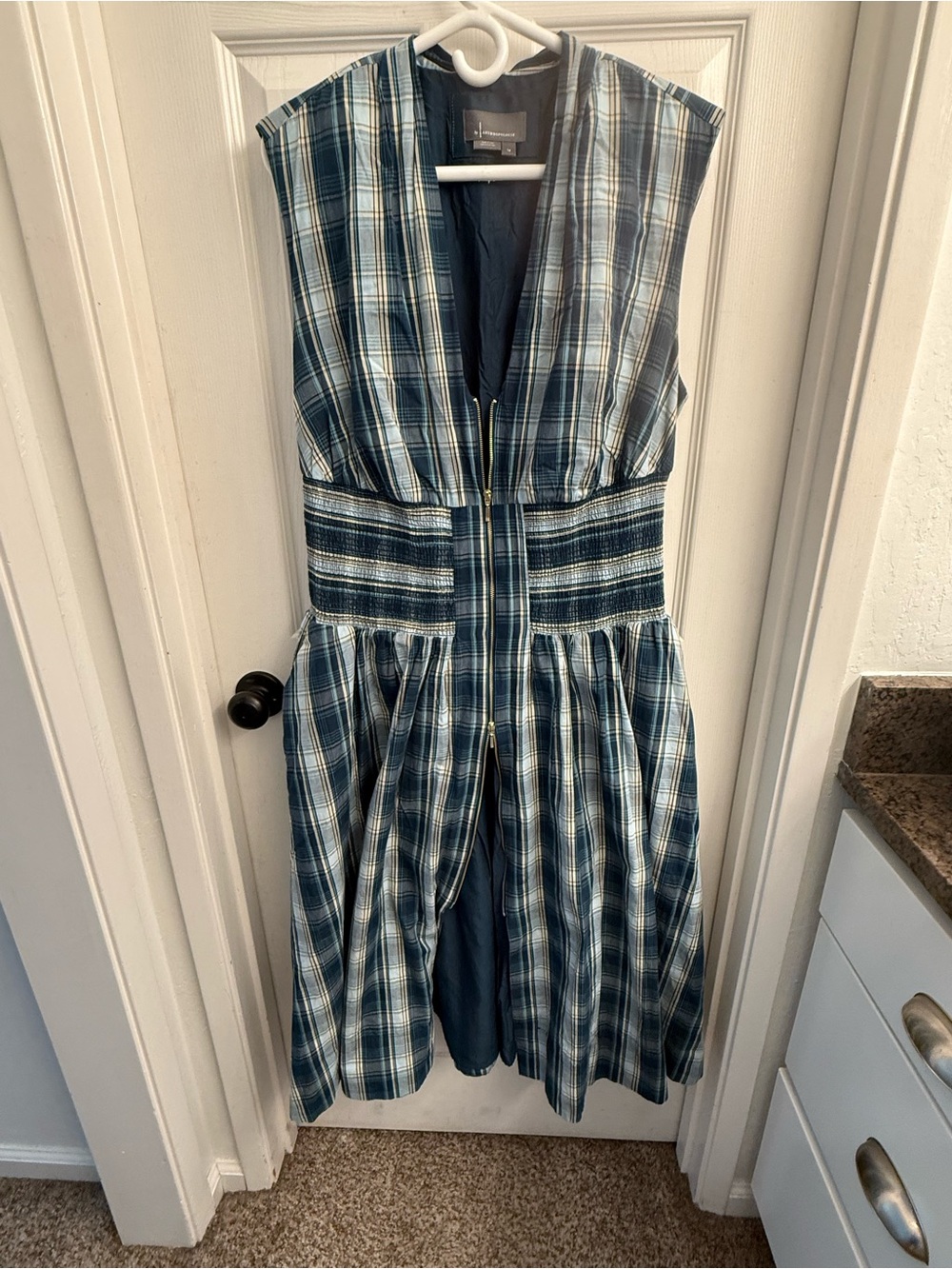Anthropologie Blue Plaid Midi Dress with Smocked Waist